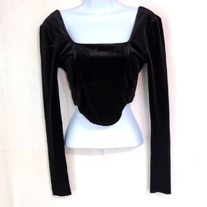 Divided Black Crop Velvet Long Sleeve Top for Women Casual Square Neck Blouse